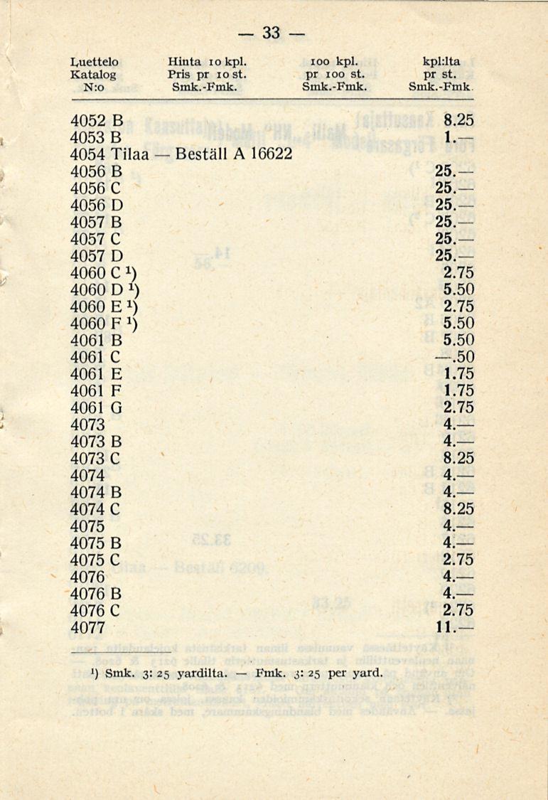 33 Luettelo Katalog N.o Hinta io kpl. Pris pr iost. Smk.