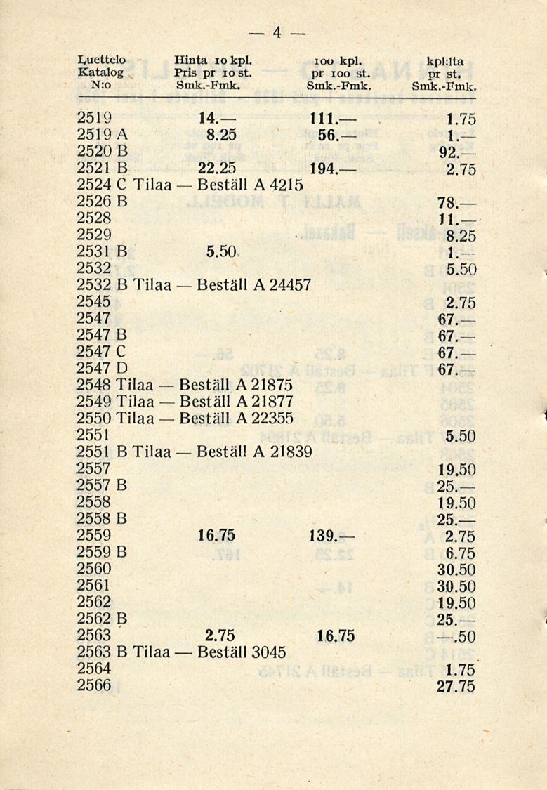 4 Luettelo Hinta iokpl. ioo kpl. kphlta Katalog Pris pr io st. pr ioo st. pr st. N.o Smk.-Fmk. Smk.-Fmk. Smk.-Fmk. 2519 14 111 1.75 2519 A 56. 1 2520 B 92 2521 B 22.25 194.