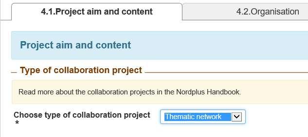 Under flik 3, general information, presenteras först samtliga möjliga val, men när man sedan ska välja något av dem finns endast collaboration