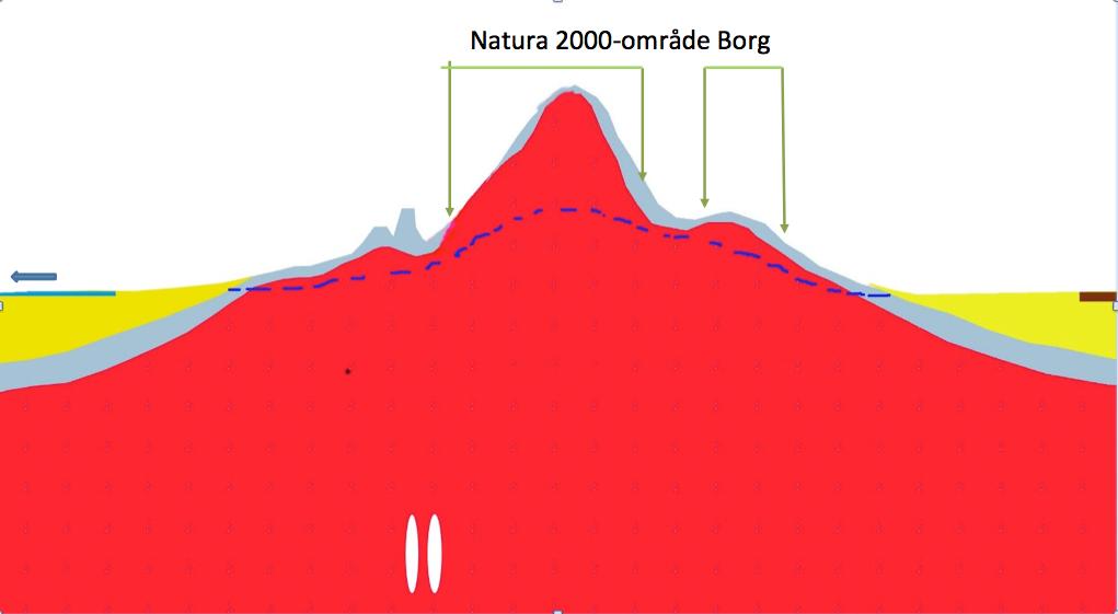 är beroende av ytligt grundvatten. (Axelsson och Follin, 2000). Figur 7. Möjlig geologisk NV-SO sektion (se pilen mellan A-A i figur 5) genom Borg Natura 2000-område.