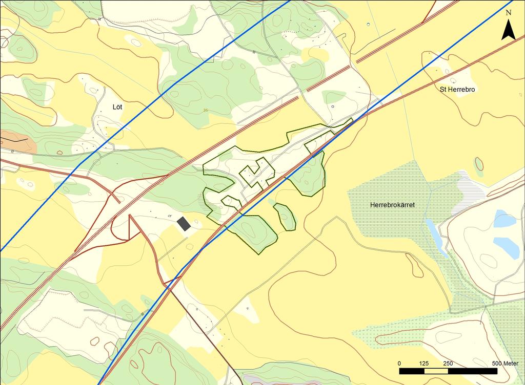 Figur 1. Järnvägskorridoren, mellan de blå linjerna, vid Borgs Natura 2000 område.