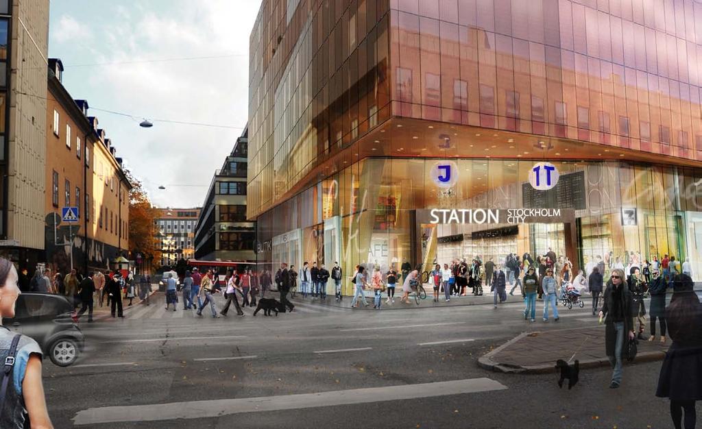 Strategisk Arkitektur 6. GATUVY LÄNGS KLARA VÄS- TRA KYRKOGATA MED MONTAGE Den nya byggnaden markerar tydligt stationen i gaturummet.