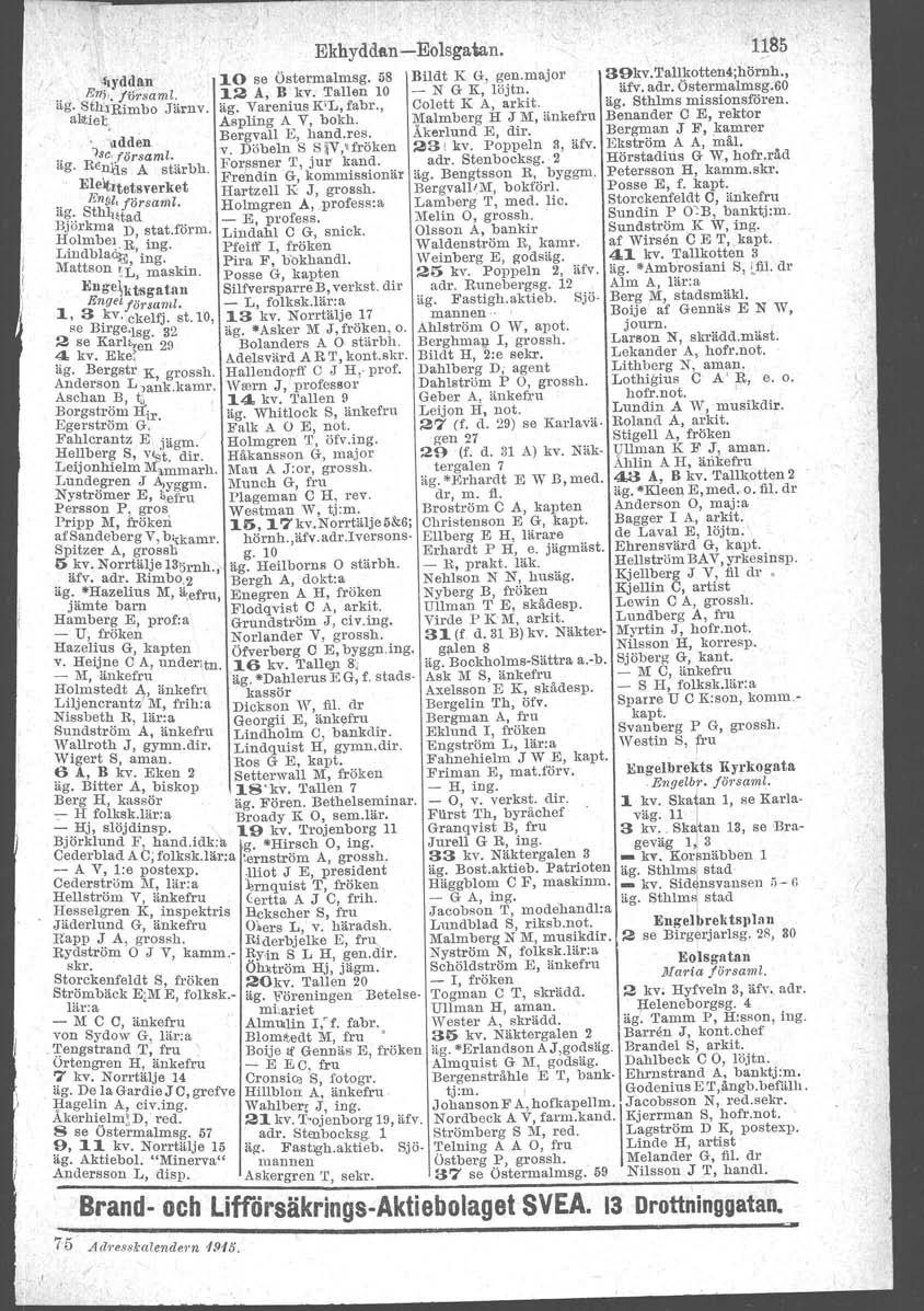 Ekhyddsn -Eolsgatan. 1185 flyddan 10 se Östermalmsg, 08 Bildt K G, gen.major 39kv.Tallkotten4;hörnh., _ N G K, löjtn. ärv, adr. Östermalmsg.60 " "n;,. firrsarnl; 12 A, B kv. Tallen 10 ag.