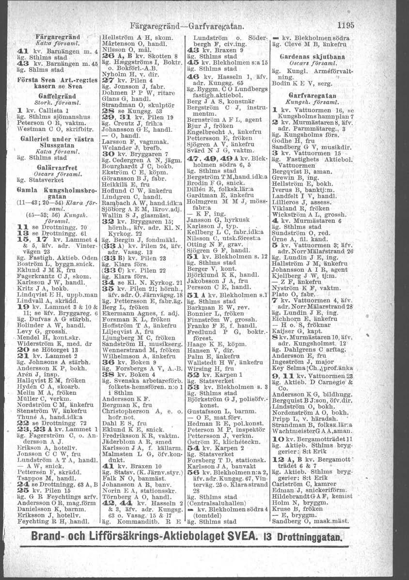 Färgaregränd Kat:a föreamt. 41 kv. Barnängen m. 4 43 kv. Barnängen m.45. äg. Shlms stad Första Svea Art. reg:tes kasern se Svea Gatfeigränd Stork. jörsaml. 1 kv. Gallista l äg.