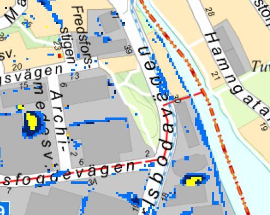 Översvämningsrisker efter exploatering Exploteringen av fastigheten kommer att innebära att området generellt blir mer instängt än tidigare (fig 3 och 4).