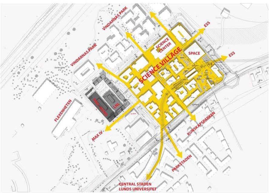 Platsbildningar och stråk Flöden, noder och kopplingar - befintliga och framtida rörelser Planområdets kvarter ska kopplas till framtida bebyggelse i Science Village.