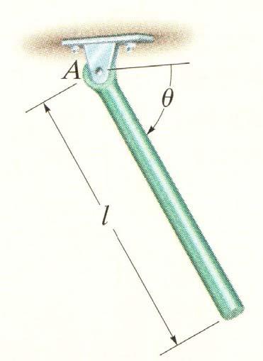 18. Den slanka balken i figuren har massan m, längden l och släpps från vila då Θ 0 o. Bestäm horisontell kraft A t och vertikal kraft A n i lagringen vid A då Θ 90 o. A t 0 N, A n,5mg 19.