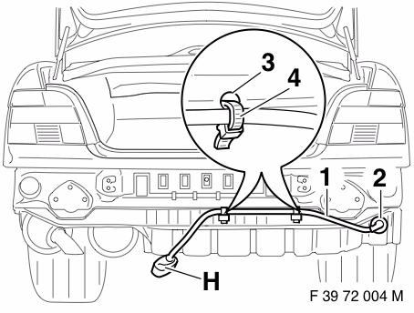 3. Ansluta extrakabelstam Borra upp bakplåten vid körnmärket (1) under höger bakljus med ett koniskt borr Ø 40 mm, grada av och behandla enligt BMW:s sedvanliga rostskyddsföreskrifter.