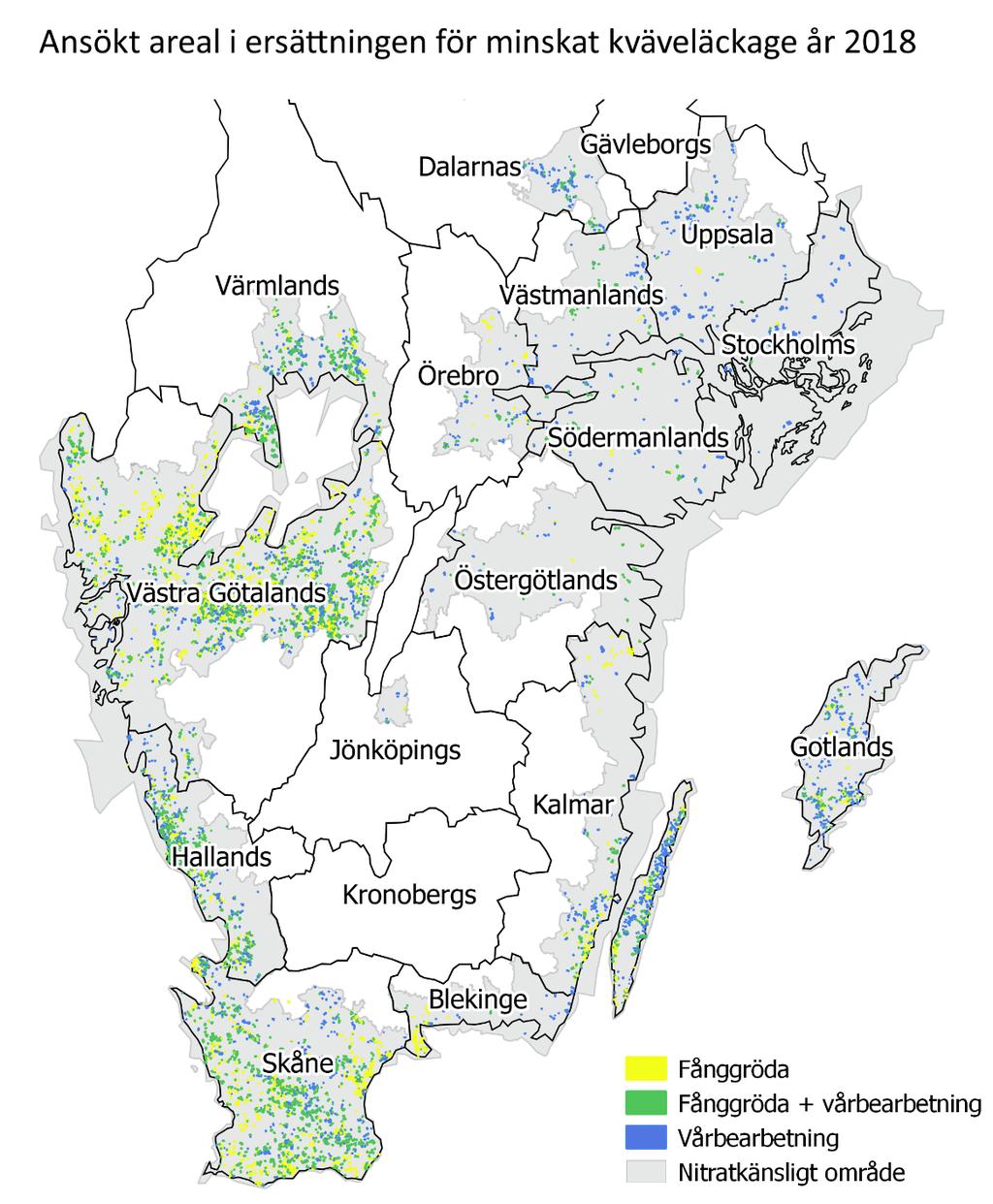 Figur 6 Kartan visar skiften med åkermark där det finns en ansökan om utbetalning i miljöersättningen för minskat kväveläckage år 2018.