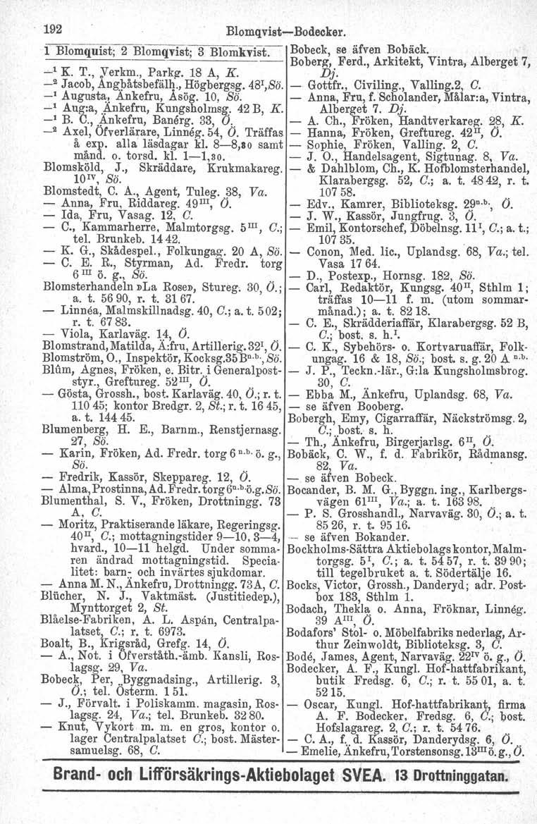 192 Blomqvist-Bodecker. 1 Blomquist --~~-,_._-~, 2 Blomqvist 3 Blomkvist-. Bobeck, se äfven Bobäck. Boberg, Ferd., Arkitekt, Vintra, Alberget 7, ~1 K. T., Yerkm., Parkg. 18 A, K. Dj.