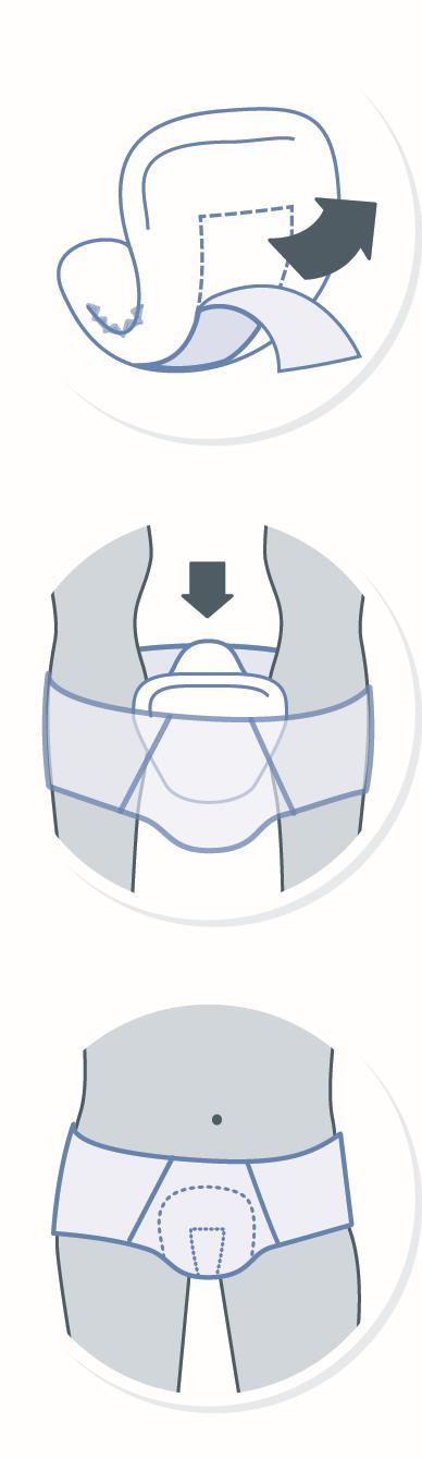 Bruksanvisning / handhavande id for Men fästs i kalsongen/fixeringsbyxa med hjälp av klisterremsan. Avlägsna skyddsremsan och applicera skyddet.