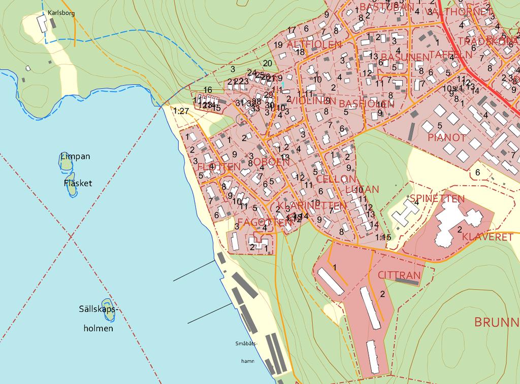 Violinen 1 och Violinen 2 för att kunna skapa fyra fastigheter. Gällande detaljplan, laga kraft 1962-11-26 (323C Bergviks Villaområde) medger bostadsändamål.