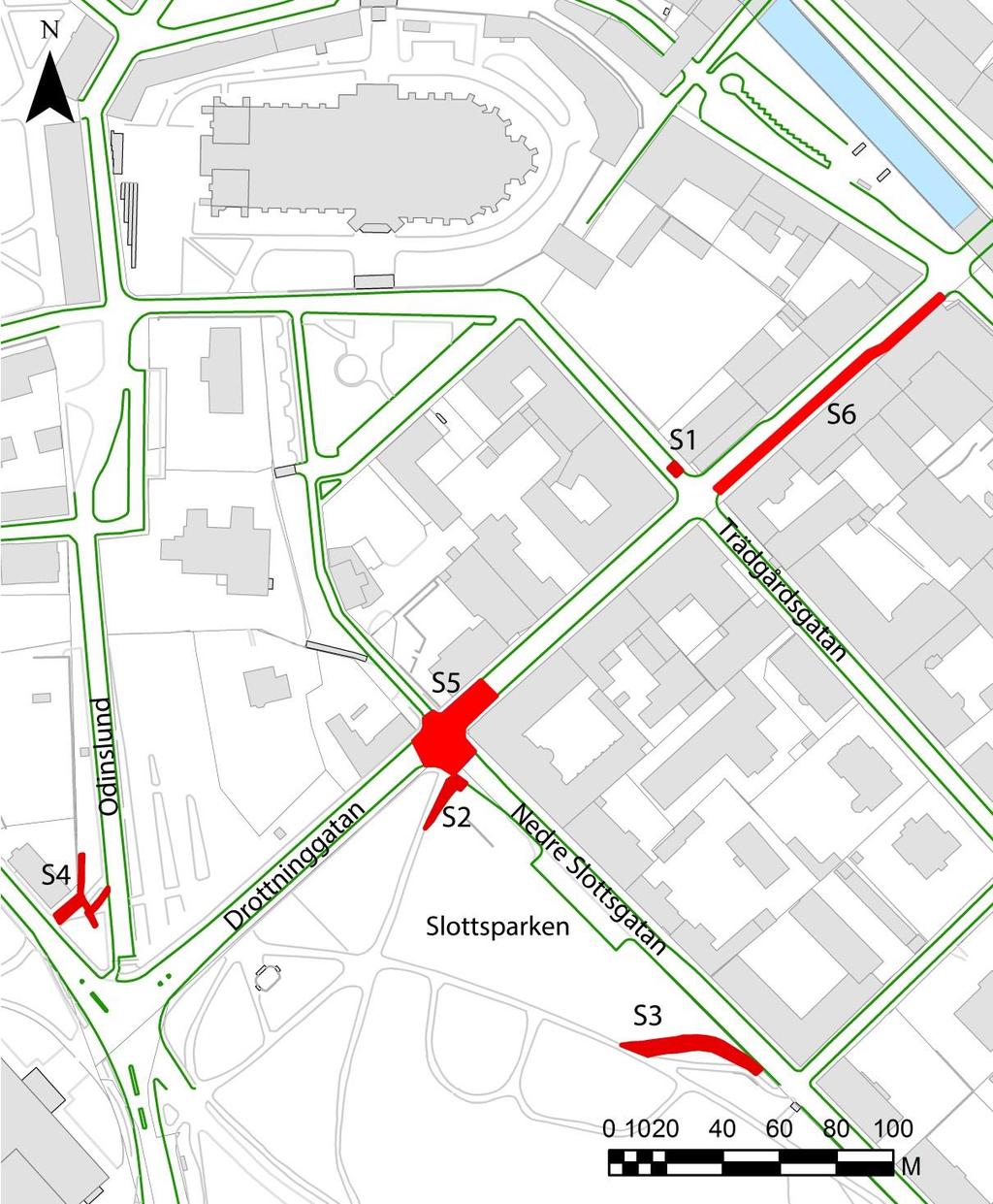 Undersökningsresultat Det aktuella arbetsföretaget kom att omfatta sex schakt i och kring Drottninggatan.