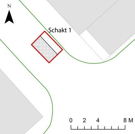 Schakt 1 Schakt 1 grävdes i Trädgårdsgatan för anslutning till en befintlig fjärrvärmeledning. Schaktet grävdes ca 3 m brett, 4 m långt och 2,5 m djupt.