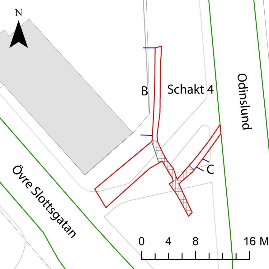 Schakt 4 Schakt 4 grävdes i Odinslund för ny gång- och cykelväg samt nya belysningsstolpar med tillhörande elledning. Schaktet grävdes ca 0,8-3 m brett och 0,2-0,8 m djupt.