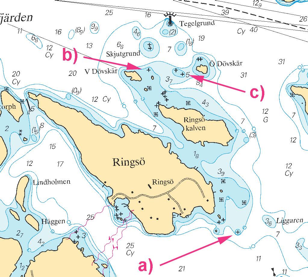 Nr 318 8 Insert underwater rock b) 59-25,91N 17-19,96E approx. depth 0,5m Insert underwater rock c) 59-25,87N 17-20,46E approx. depth 0,9m Sjöfartsverket, Norrköping. Publ.