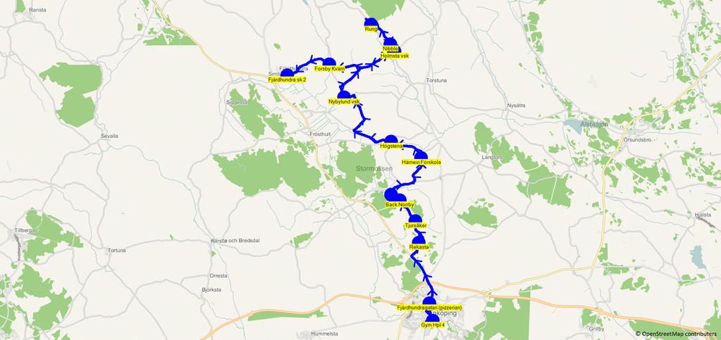 2018-10-30 14:19:52 Karta för Tur 6509 TI, O och TO 6509 16.10 17.05 BUSS 65 - Fjärdhundragatan (pizzerian) - Gym Hpl 4 16.