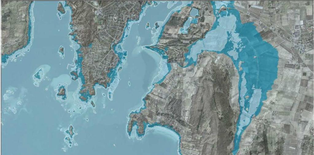 Figur 21 Framtida översvämningsområden vid Sölvesborgshalvön och längs Listerlandets södra kustlinje enligt min- och maxscenariot för högvattenförhållanden år 2100.