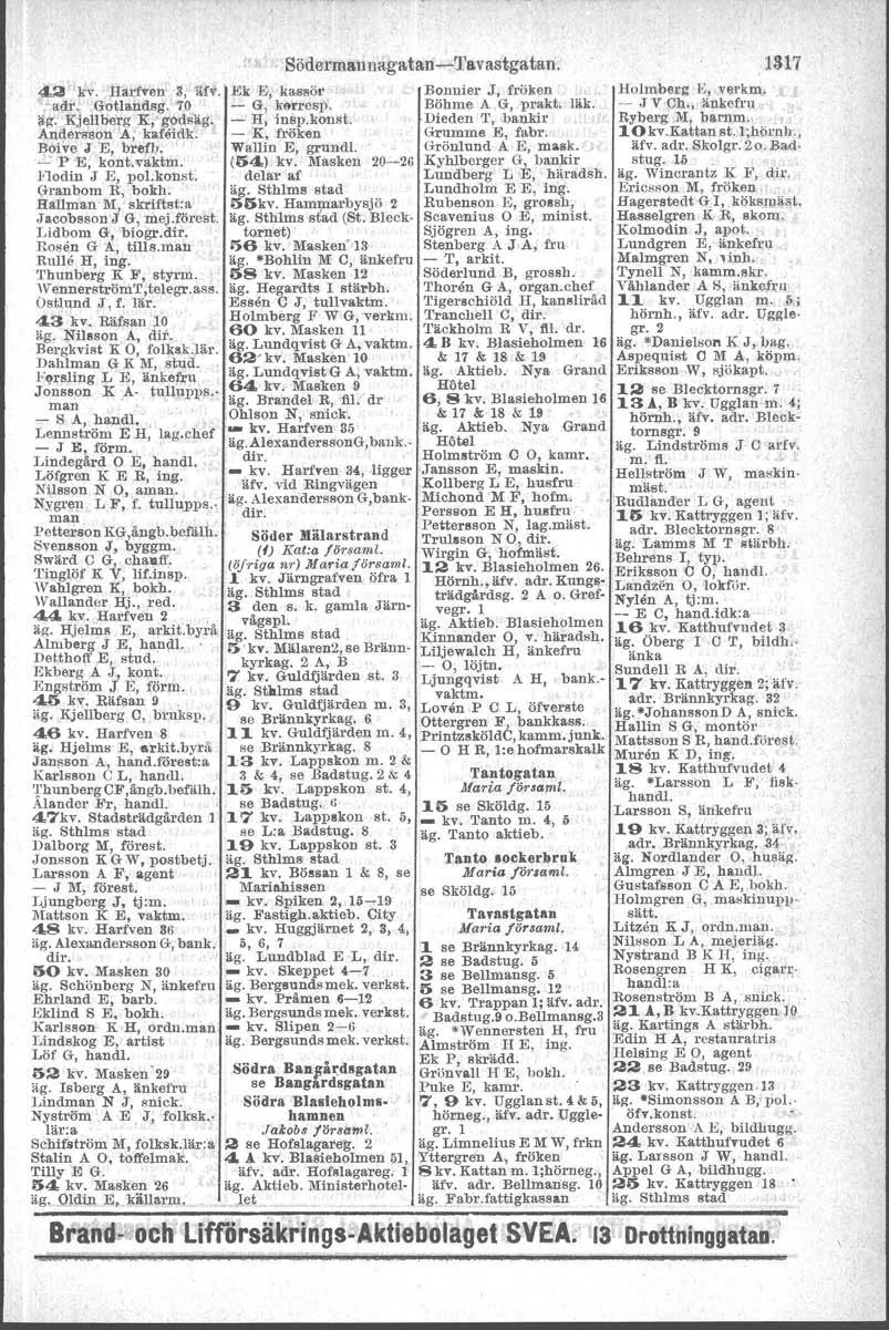 Söderman nagatan -Tavastgatan. 42 '!.-v. Hårtven 3, urv, Ek E, kassör "adr.,gotlandsg. 70 - G,.kerresp. i>i(. Kjellberg K,. godsäg. - H, insp.konst. Andersson A, 'kareidk.