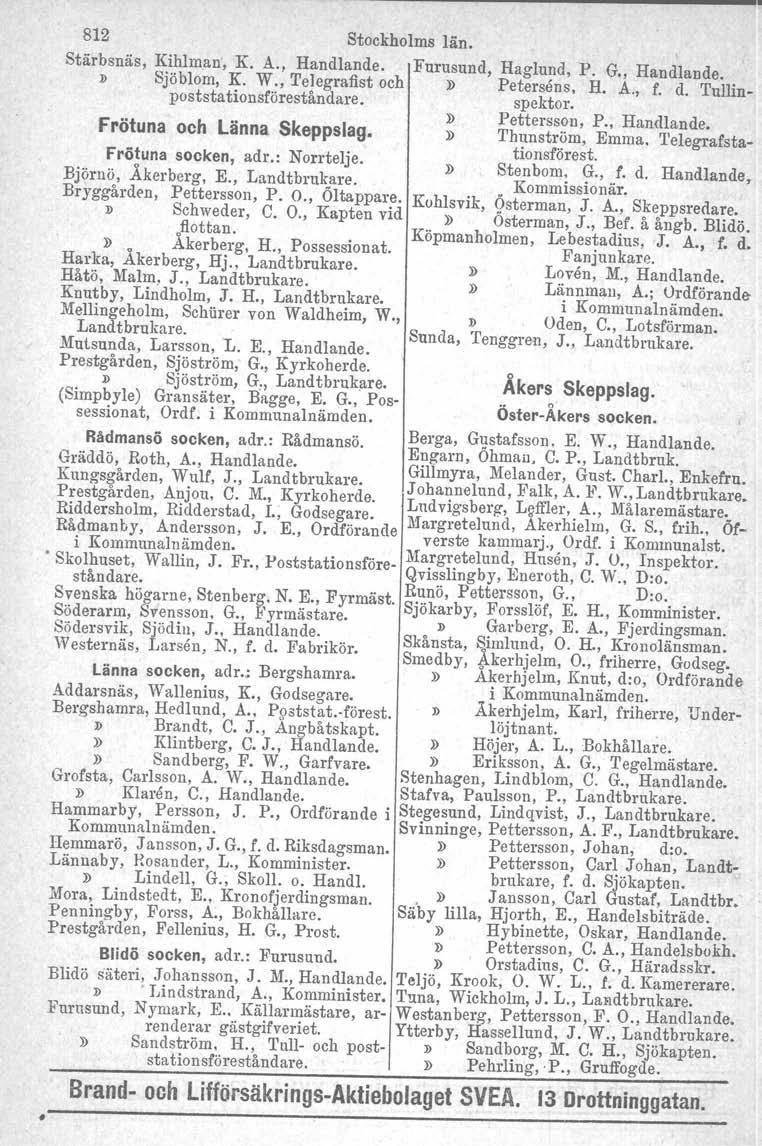 812 Stockholms län. Stärbsnäs, If.~?lman, K. A., Handlande. Furusund. Haglund, P. G., Handlande.» SJoblom, ~. W., Telegrafist och» Petersens. H. A., f. d. TullinpoststatIOl1sförestandare. spektor.