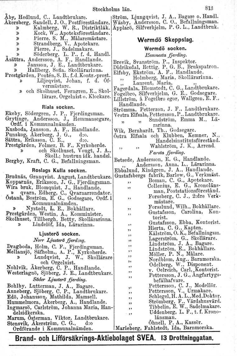 Stockholms län. 813 Äby, Hedlund, C., Landtbrukare.. \Ström, Ljungqvist, J. A., Bagare o. Handl. Åkersherg, Sandell, J. O., Postföreståndare, Wäsby, Andersson, C. O., Befallningsman. Kalmberg, W. R.