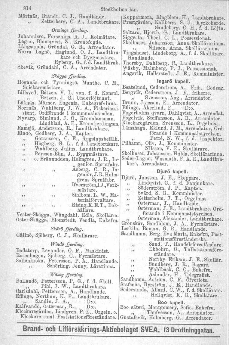 814 Stockholms län. Mörtnäs, Brandt, C. J:, Handlande. Kopparmora, Ringblom. H., Landtbrukare. Zetterberg, C. A., Landtbrukare. Prostgården, Kallberg, S. J., Kyrkoherde. " Or. d " Sandeberg, C. H., f.