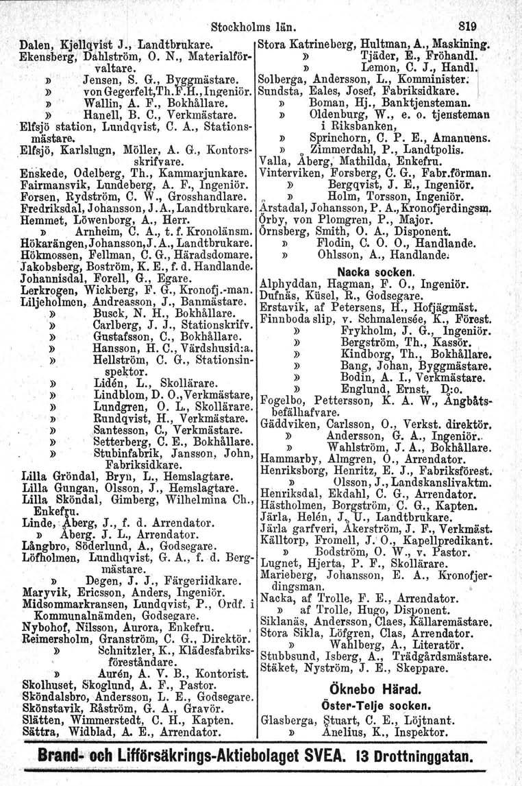 Stockholms Iän, 819 Dalen, Kjellqvist J., Landtbrukare. Stora Katrineberg, Hultman, A., Maskining~ Ekensberg, Dahlström, O. N., Materia1för-» Tjäder, E., Fröhandl. valtare. l> Lemon, C. J., Handl l> ' Jensen, S.