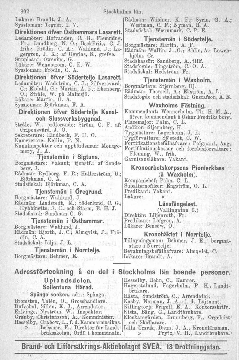 802 Stockholms län. Läkare: Brandt, 'J. A. Rådmän: Wildner, K. F.; Syrin, G. A.; Syssloman: 'I'egner, 1. V. Westman, C. F.; Nyman, R. A. Direktionen öfver Östhammars Lasarett.