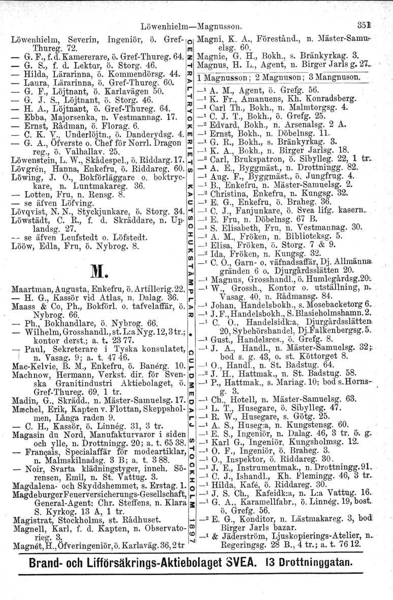 LöwenhielmMagnusson. 351 Löwenhielm, Severin, Ingeniör, ö. Gref e Magni, K. A., Förestånd., n. MästerSamu Thureg. 72. m elsg. 60. G. F., f. d. Kamererare, ö. GrefThureg. 64. z Magnie. G. H., Bokh., s.