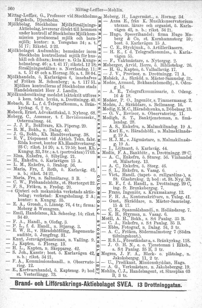 360 MittagLefflerMohlin. MittagLeftler, G;, Professor vid Stockholms o Moberg, H., Lagermäst., s. Hornsg: 34. Högskola, Djursholm. m Anna E., från K.