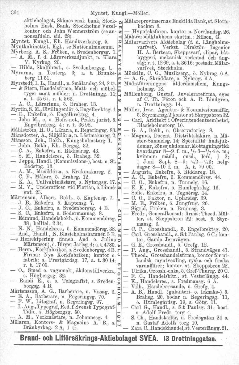364 Myntet, Kungl.Möller. aktiebolaget, Skånes ensk. bank, Stock e Mälareprovinsernas Enskilda Bank, st. Slottsholms Ensk. Bank, Stockholms Vexel III backen 8.