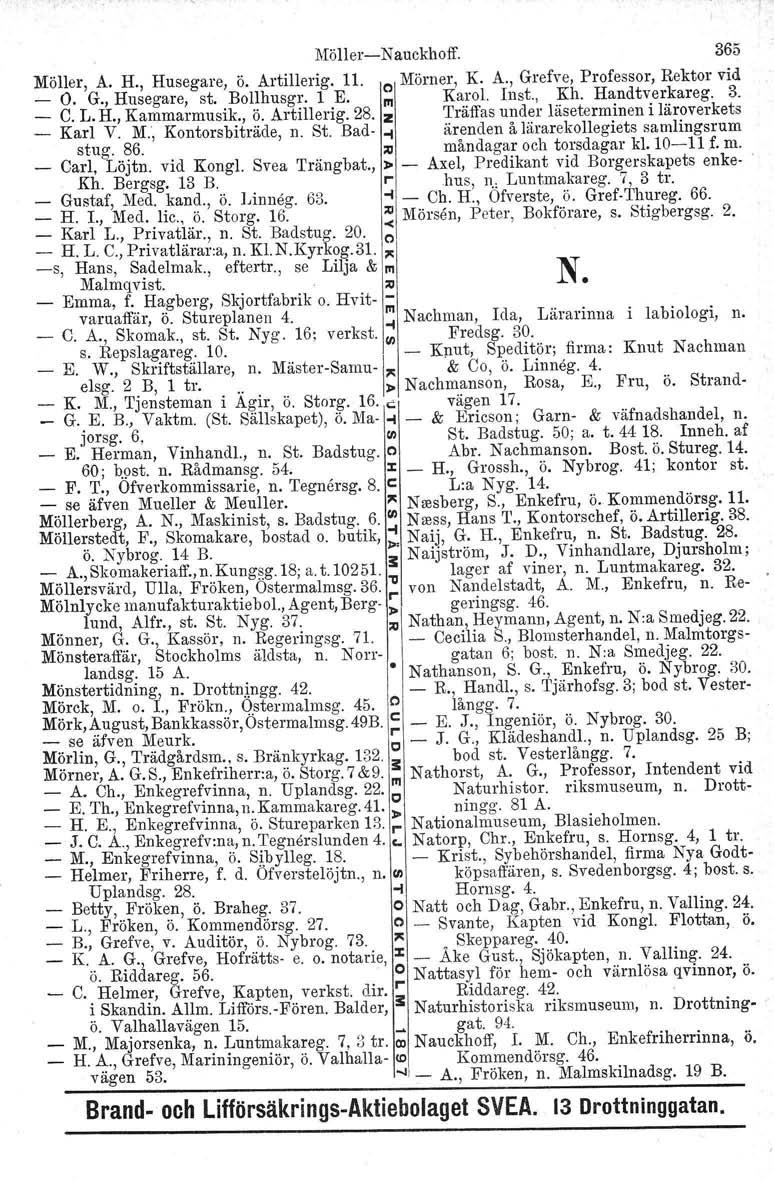 MöllerNauckhoff. 365 Möller, A. H., Husegare, ö. Artillerig. 11. o Mörner. K. A., Grefve, Professor, Rektor vid _ O. G., Husegare, st. Bollhusgr. 1 E. m Karel. Inst., Kh, Handtverkareg. 3. _ C. L.