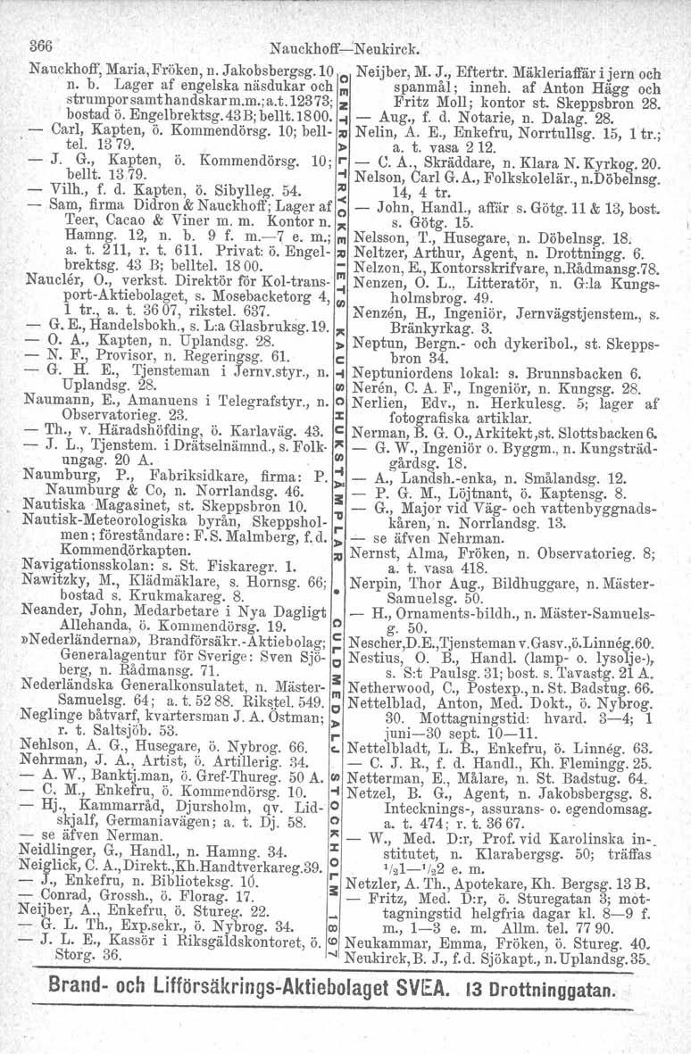 366 Nauokhoffi Neukirek,' Nauckhoff, Maria, Fröken, n. Jakobsbergsg.10 o Neijber, M. J., Eftertr. Mäkleriaffär ijern och n. b. Lager af engelska näsdukar och III spanmål; inneh.