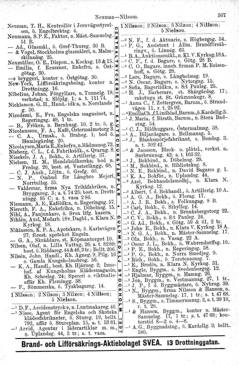 NeumanNilsson. 361 Neuman, T. R., Kontrollör i Jernvägsstyrel lnilsson '2Nilson:S NiIzon:,rNillso~ sen, ö. Engelbrektsg. 4. to ' 5 Nielson. ', Neumann, S.P.E., Faktor, n.mäst.samuelsg. : ~_. 51 B.