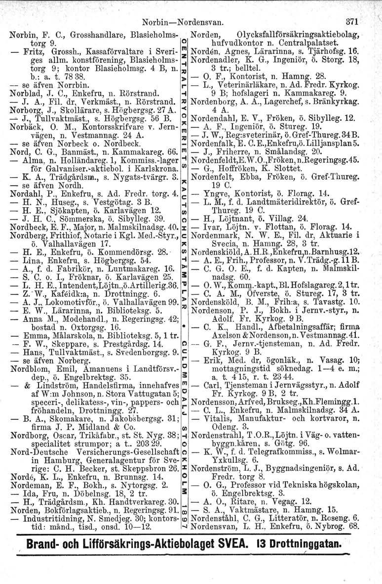 \. NorbinNordensvan. 371 Norbin, F. C., Grosshandlare, Blasieholms Norden, Olycksfallförsäkringsaktiebolag, torg 9. e hufvudkontor n. Centralpalatset. Fritz, Grossh.