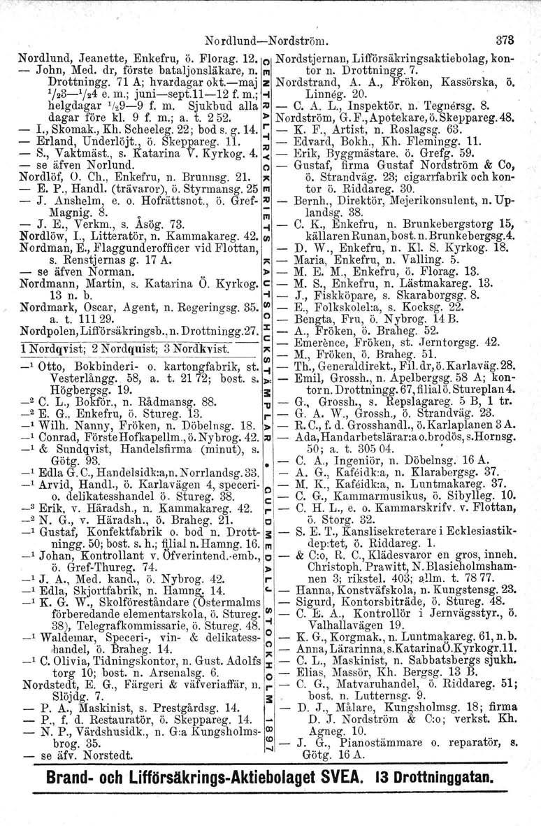 NordlundNordströru. 373 Nordlund. Jeanette, Enkefru, ö. Florag. 12. e Nordstjernan, Lifförsäkringsaktiebolag, kon John, Med. dr, förste bataljonsläkare, n. III tor n. Drottningg. 7. Drottningg. 71 A; livardagar okt.