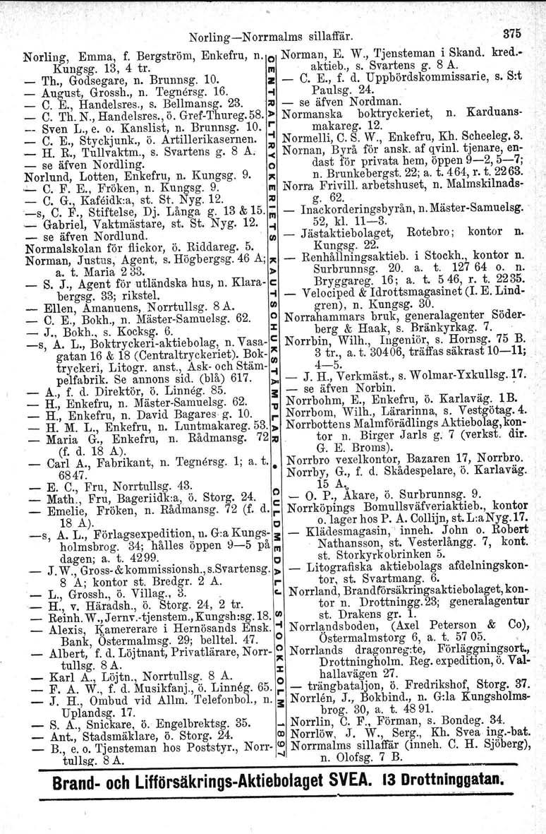 NorlingNorrmalms sillaffär. 375 Norling, Emma, f. Bergström, Enkefru, n. o Norman, E. W., Tjensteman i Skand. kred> Kungsg. 13, 4 tr. III aktieb., s. Svartens g. 8 A. _ Th., Godsegare, n. Brunnsg. 10.