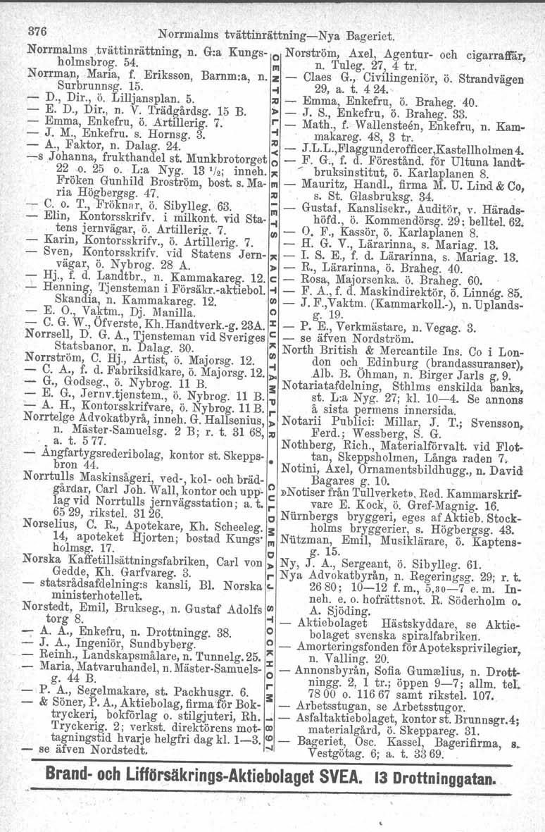 376 N orrmalms tvättinrättningnya Bageriet. Norrmalms.tvättinrättning, n. G:a. Kungs o Nerström, Axel). Agentur och cigarraffär, holmsbrog. 54. III n. Tuleg. "'!'7,4 tro ' Norrma,n,Maria, f.