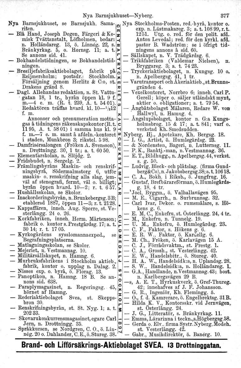 Nya BarnsjukhusetNyberg. 377 Nya l?arnsjukhuset, se Barnsjukh. Sama el Nya Stockhol~sPosten, redbyrå, kontor o. nten. III expo n. Lastmakareg. 3; a. t. 10899, r. t. Blå Hand, Joseph Degen, Färgeri & Ke z 1251.