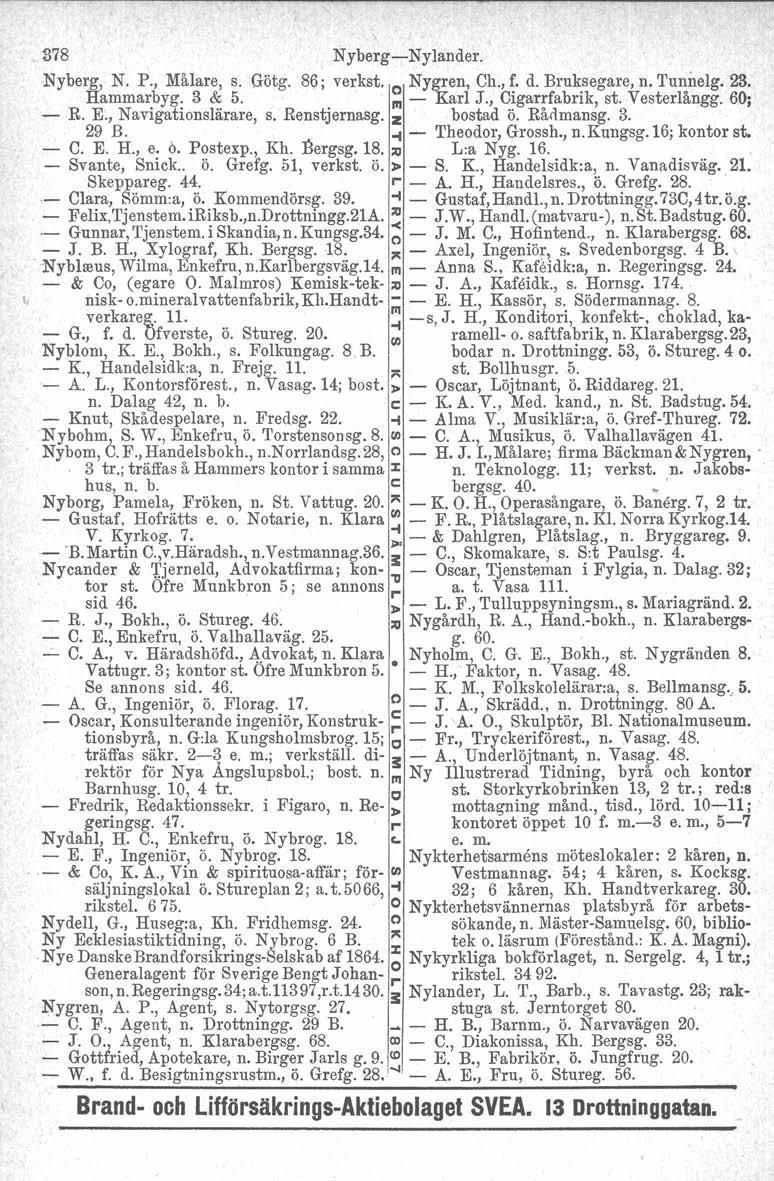 378 NybergNylander. Nyberg, N. P., Målare, s. Götg. 86; verkst. o Nygren, Ch., f. d. Bruksegare, n. Tunnelg. 23. Hammarbyg. 3 & 5. III Karl J., Cigarrfabrik, st. Vesterlångg. 60; R. E.