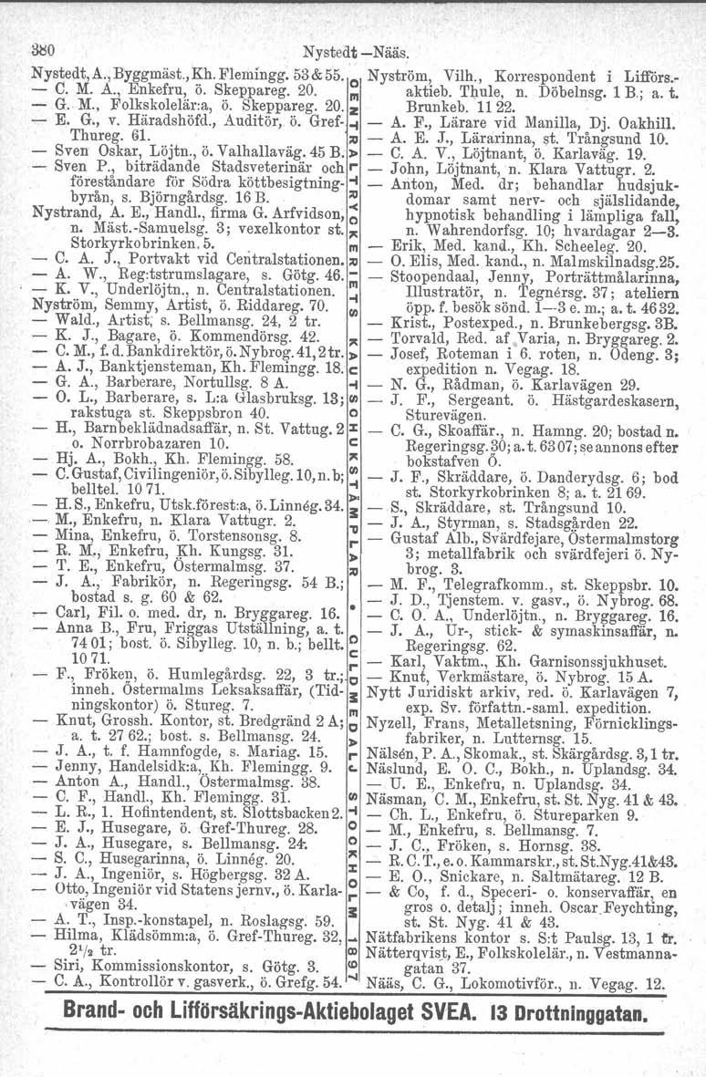&:lo Nystedt Nääs. Nystedt,A.,Byggmäst.;~.h.Flemrngg. 53&51:).o Nyström! Vilh., Korresp?ndent i Lifförs, C. M. A., Enkefru, o. Skeppareg. 20. III aktieb. Thule, n. Dobelnsg. 1 B.; a. t. G.. M., Folkskolelär:a, ö.