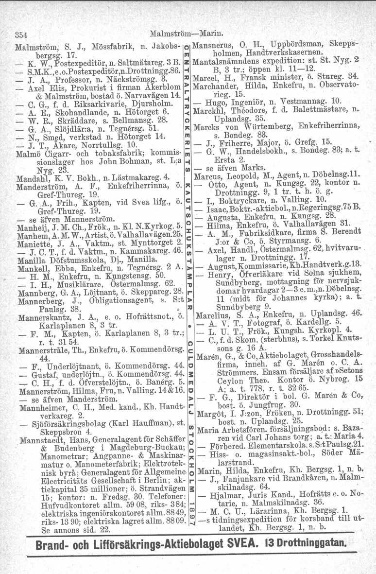 354 Malmströmc Marin. Malmström, S. J., Mössfabrik, n. Jakobs o Mansnerus, O. H., Uppbördsman, Skeppsbergsg. 17. III holmen, Handtverkskasernen. _ K. W., Postexpeditör, n. Saltmätareg. 3 B.