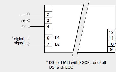 TRIDONIC DSI, DAI Genom att ansluta en 2-trådsledare till HF-donets anslutningsplintar för styrning, D1 och D2, kan donet tändas, släckas och ljusregleras via valfri DSI-styrmodul eller med