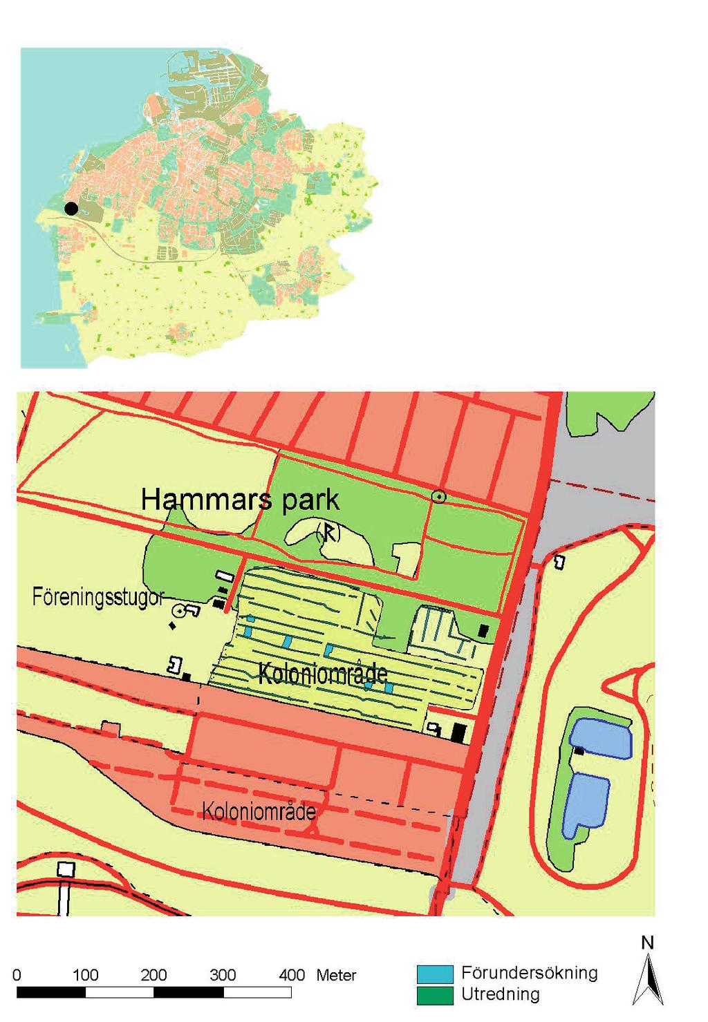 Figur 1. Ovan: Undersökningens läge markerad med svart prick. Karta: copyright Malmö Stadsbyggnadskontor. Under: Schaktöversikt.