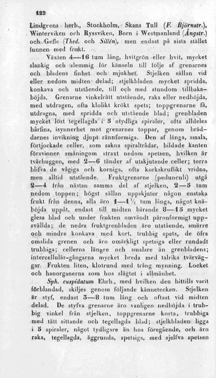 122 Lindgrens herb., Stockholm, Skans Tull (F. Björmtr.), Winterviken och Ryssviken, Bom i Westmanland (Ångstr.) ocht.gefle [Thed. och Sillen), men endast pä sisla stället funnen med frukt.