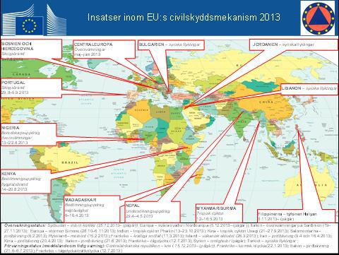 När det gäller naturkatastrofer under 2013 aktiverades mekanismen som en reaktion på tropiska cykloner i Filippinerna, Myanmar/Burma och Madagaskar, översvämningar i Centraleuropa och Nigeria,