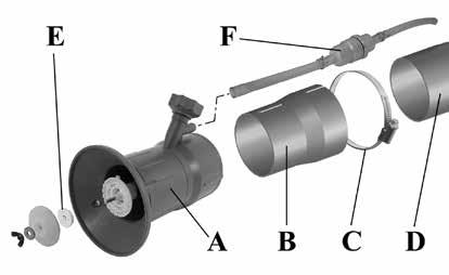 Voor een betere verneveling moeten de ULV-schijf (E) en het vloeistoffilter (F) worden gemonteerd. Het filter moet op de plaats van de bestaande Pvc-buis worden gemonteerd.