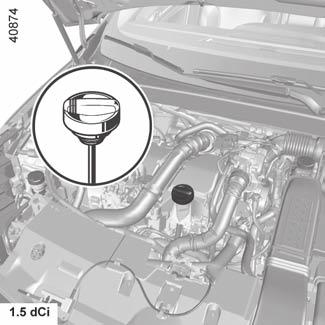 OLJENIVÅ I MOTORN: tömning, påfyllning (2/4) 2 1 1 1 2 2 Påfyllning Bilen ska stå på horisontellt underlag och motorn ska vara kall (t.ex. före dagens första körning).