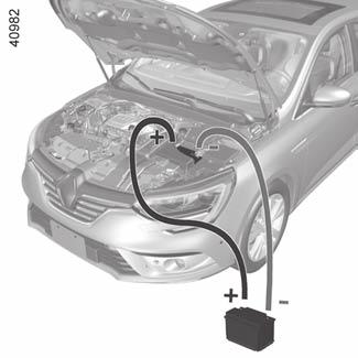 Hjälpstartbatteriets spänning (Ah) ska vara minst lika det urladdade batteriets. Se noga till att bilarna inte kommer i kontakt med varandra, då risk för kortslutning föreligger.