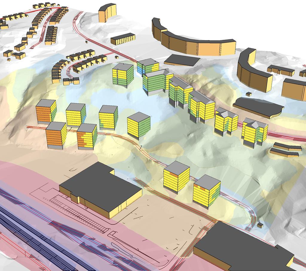 BERÄKNAD LJUDUTBREDNING Beräknade ljudnivåer vid fasad från väg och spår Teckenförklaring Planerad Byggnad Övrig byggnad Skärmbaslinje Linje Spårmitt Spårlinjekälla Banvall Vägbana Vägbro EKVIVALENT